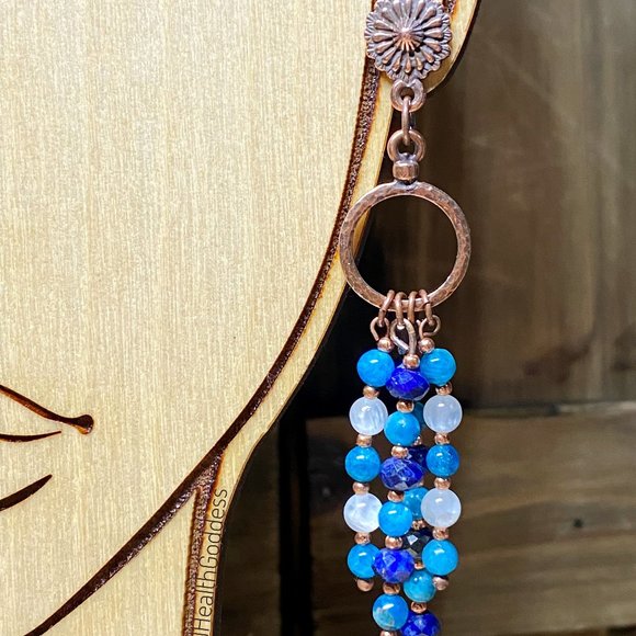 Lapis Lazuli Blue Apatite Selenite Antique Copper Flower Earrings - Picture 4 of 8